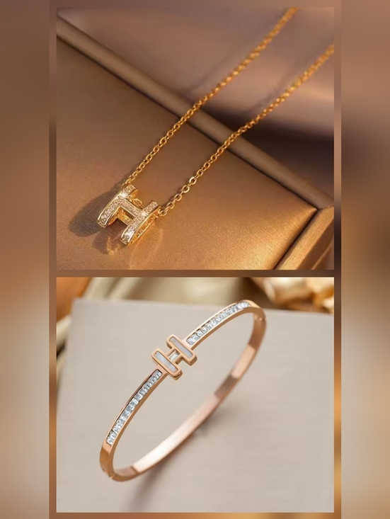 Hand Crafted Jewelry - Gold Plated CZ H-Shaped Initial Pendant Necklace and Rose Gold Bangle Set Gifts